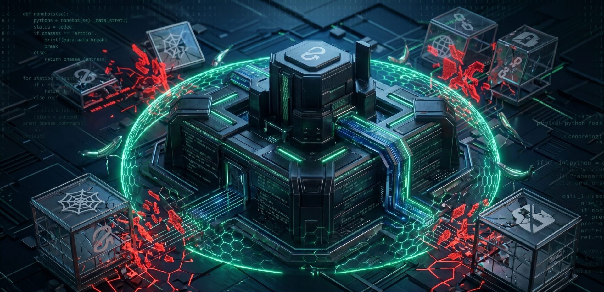 3D technical visualization of a digital fortress for digital infrastructure engineering and cyber resilience.